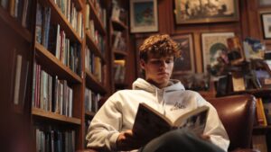 young man reading a book in a library | mental diet
