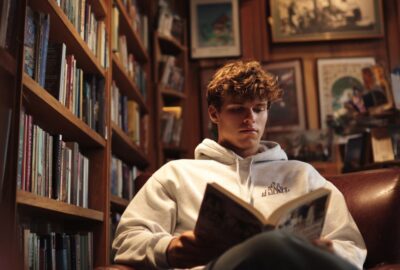young man reading a book in a library | mental diet