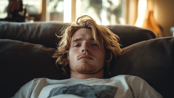 young man with shoulder length blonde hair lazing on couch