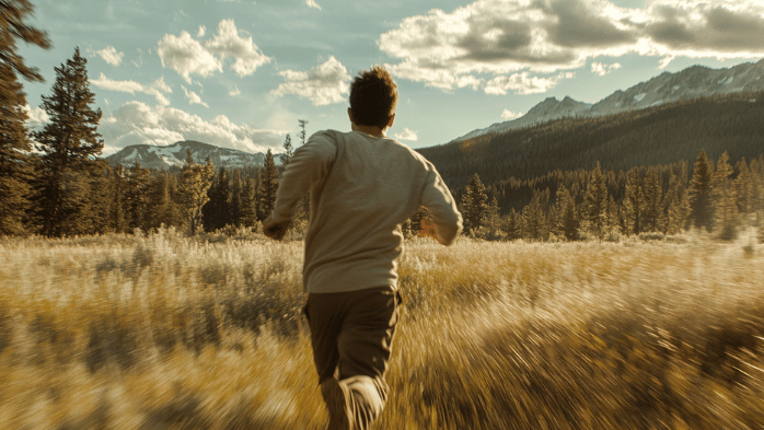 young man running through Tuolumne Meadows in Yosemite 