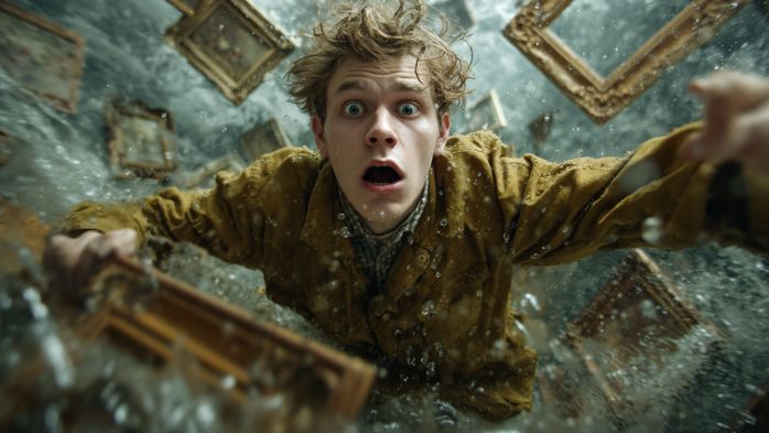 Young man getting sucked into a whirlpool surrounded by frames | Frame Control