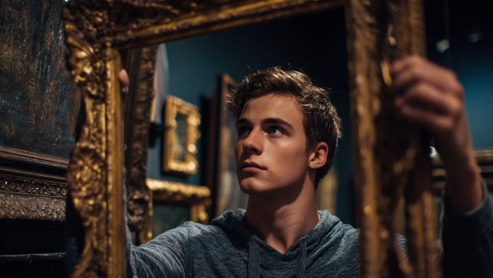 Young man reclaiming the frame and holding a picture frame | frame control