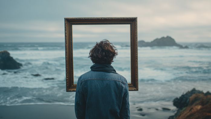 Young Man Looking at the Pacific Ocean Through a Picture Frame | Frame Control