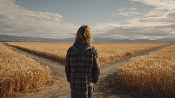 young man with shoulder-length blonde hair standing at the intersection of two long paths in a field of wheat in California's Central Valley.