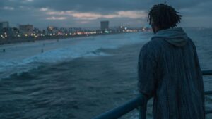 Man standing looking out over ocean