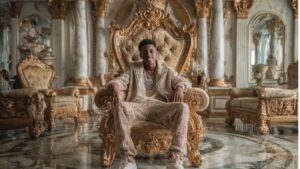 young man sitting on a throne in a giant mansion | life architecture