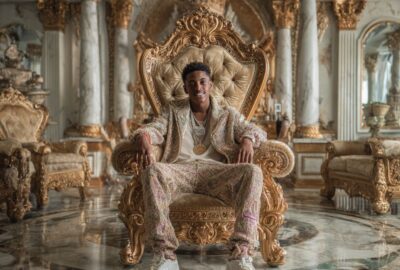 young man sitting on a throne in a giant mansion | life architecture