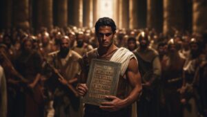 young man holding commandments with an army behind him