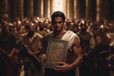 young man holding commandments with an army behind him