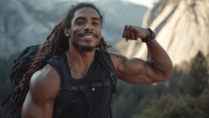 young black man flexing muscle ontop of half-dome | confidence v. arrogance