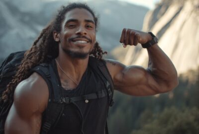 young black man flexing muscle ontop of half-dome | confidence v. arrogance