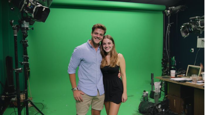 young man and an attractive partner posing for an Instagram photo in front of a green screen. | shortcut to success