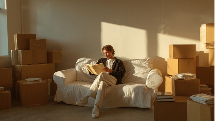 young man reading a book in an apartment with books packed.